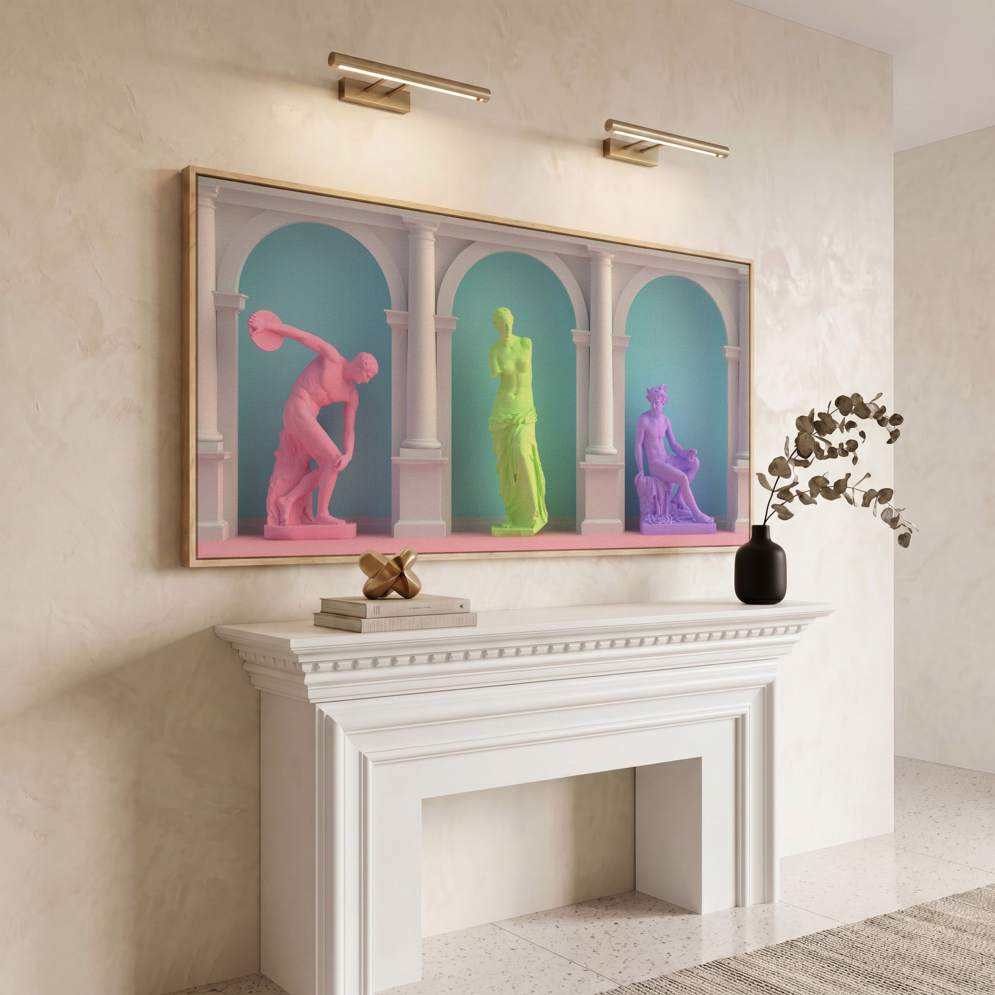 Colorful Greek Statue Pop Art Canvas in white oak floating frame