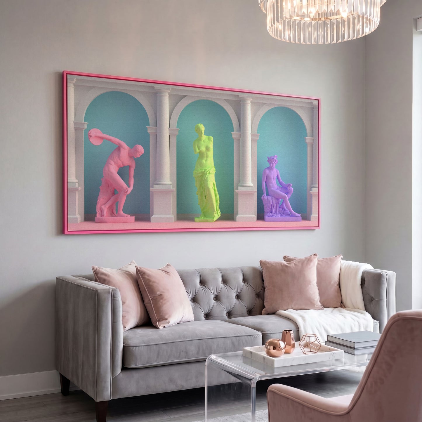 Colorful Greek Statue Pop Art Canvas in pink floating frame