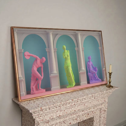 Colorful Greek Statue Pop Art Canvas in rose gold floating frame