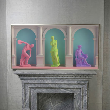Colorful Greek Statue Pop Art Canvas in silver floating frame