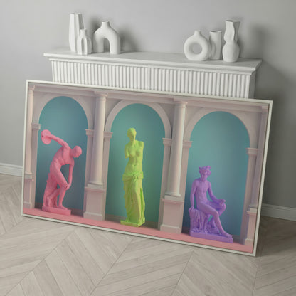 Colorful Greek Statue Pop Art Canvas in white floating frame