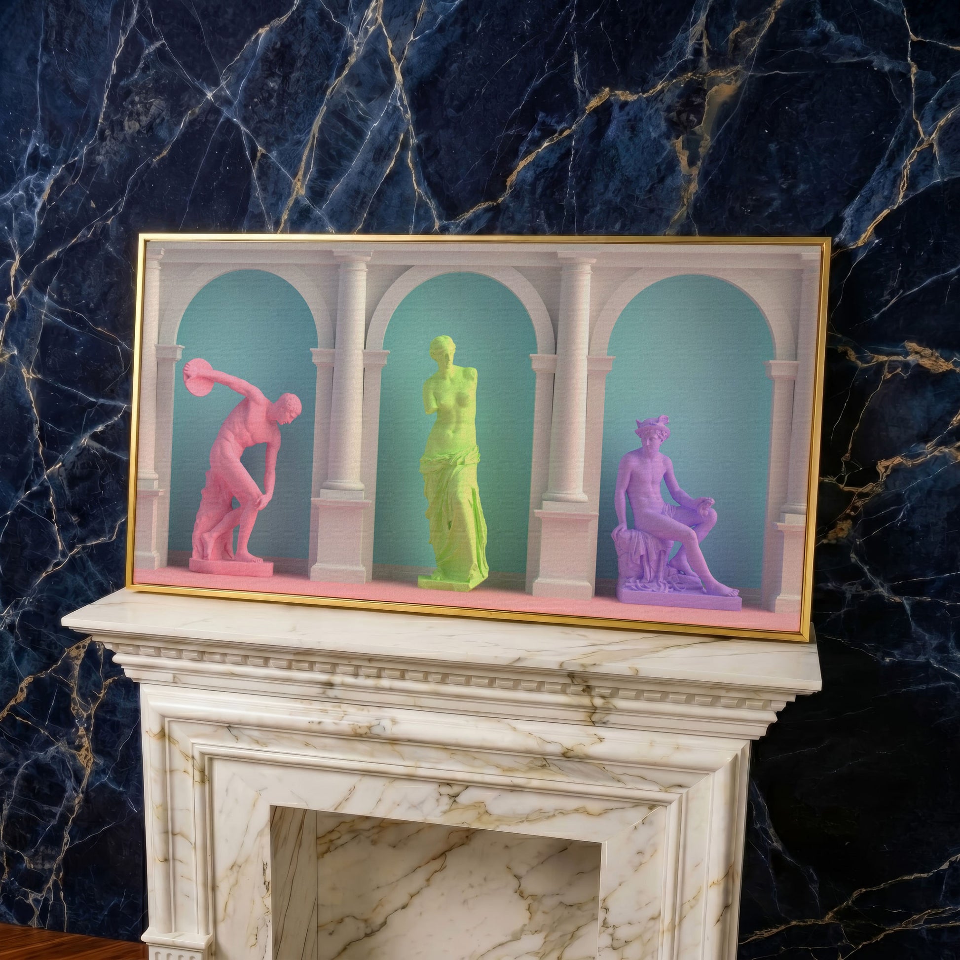 Colorful Greek Statue Pop Art Canvas in yellow gold floating frame