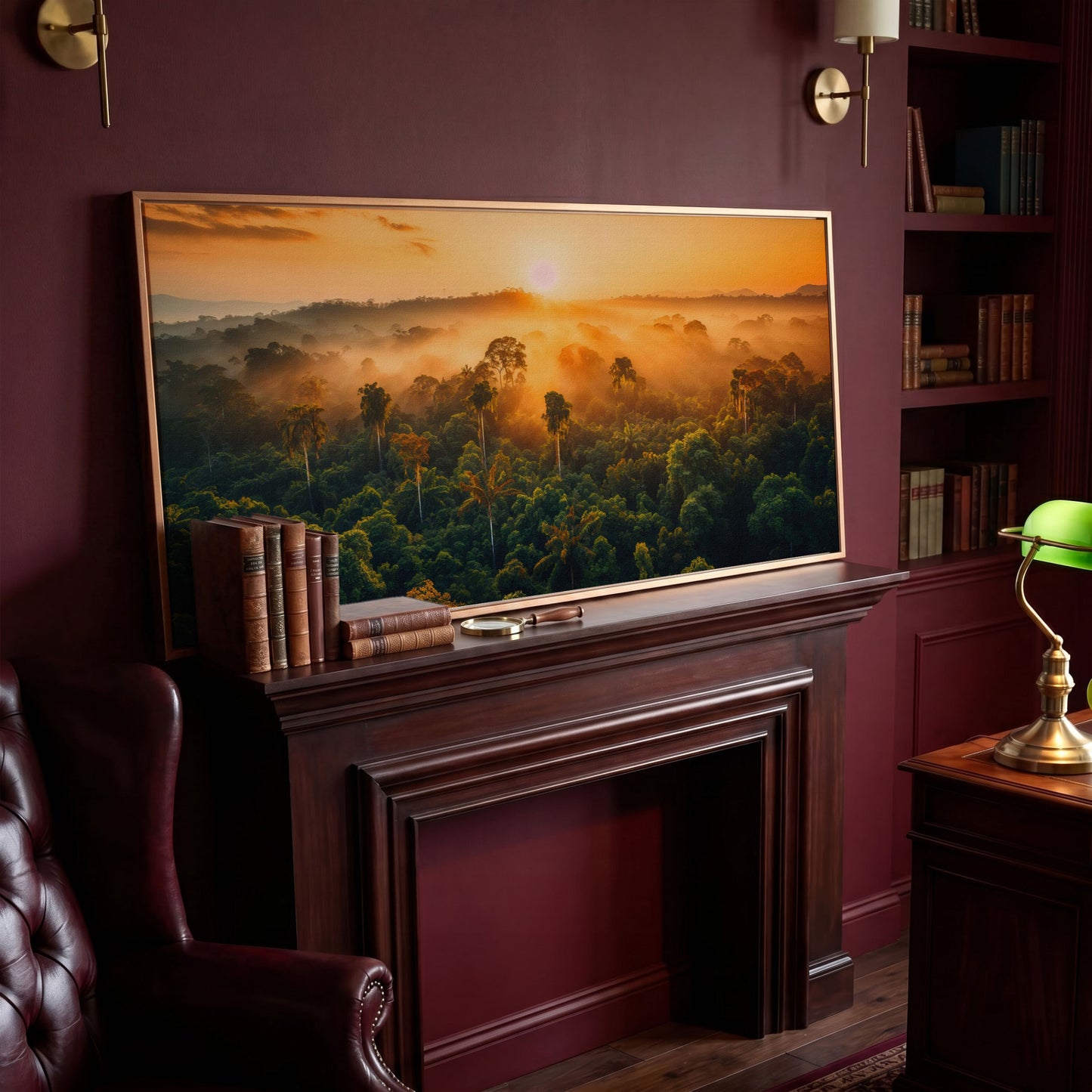 Tropical Rainforest Sunset Canvas Print in antique gold floating frame