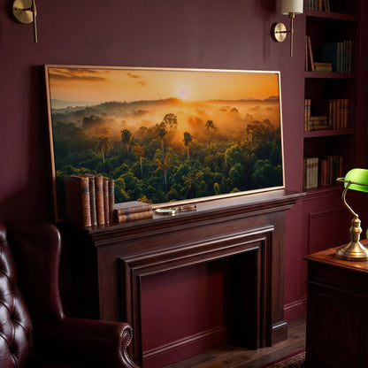 Tropical Rainforest Sunset Canvas Print in antique gold floating frame
