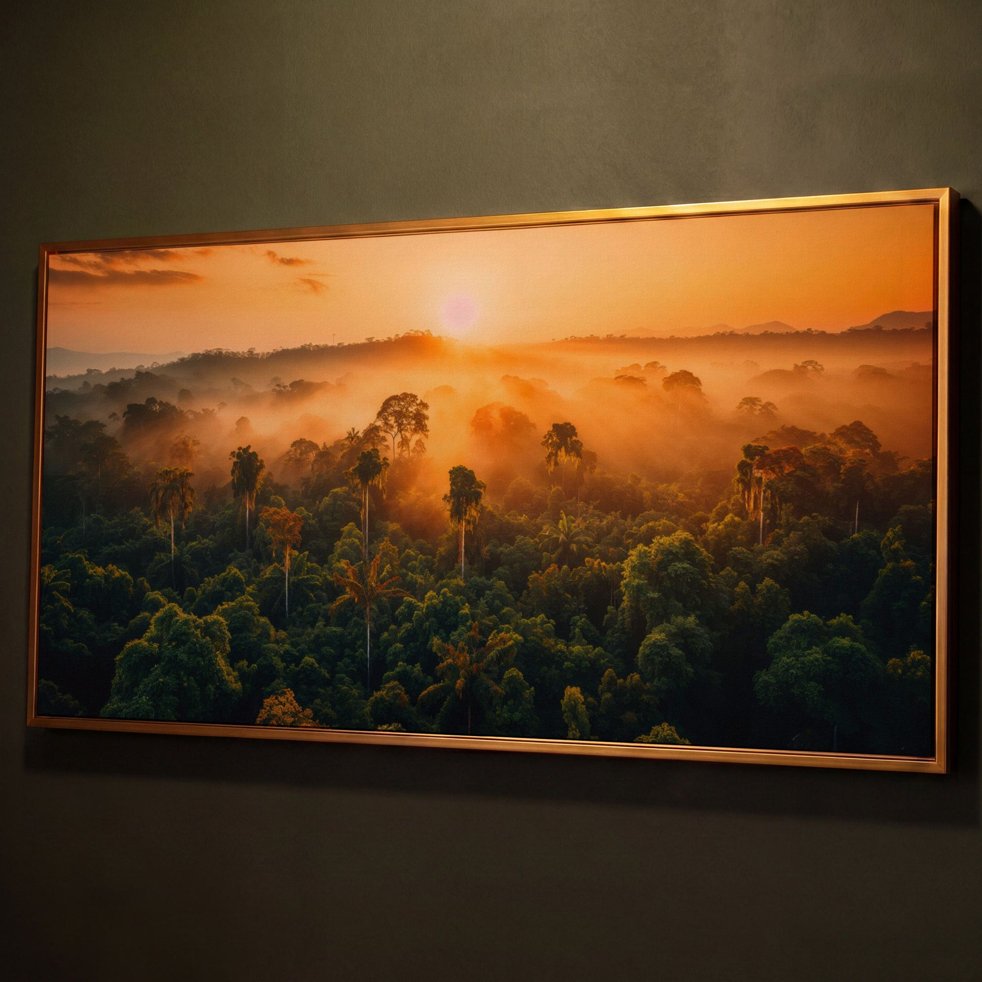 Tropical Rainforest Sunset Canvas Print shown in antique gold floating frame
