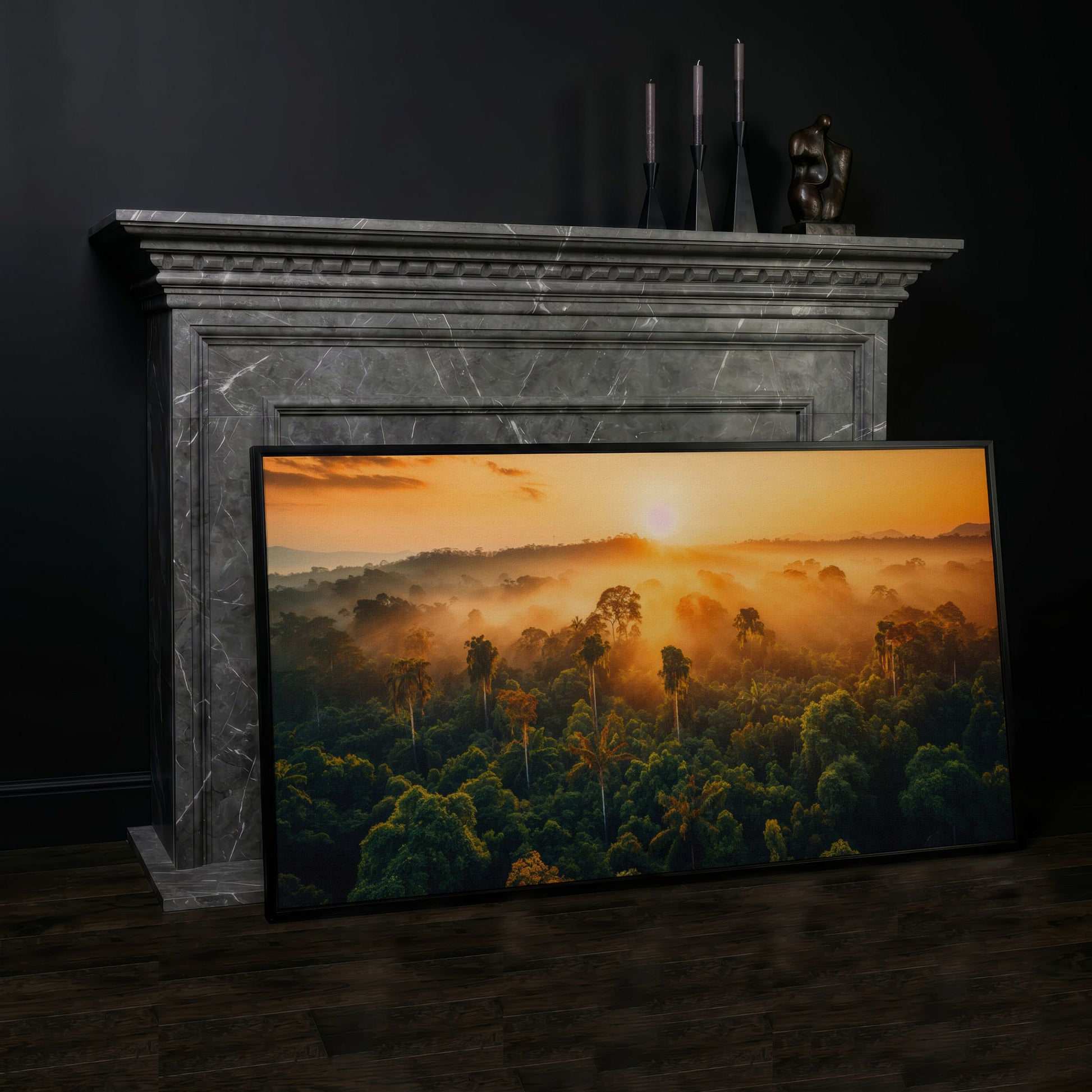 Tropical Rainforest Sunset Canvas Print in black floating frame
