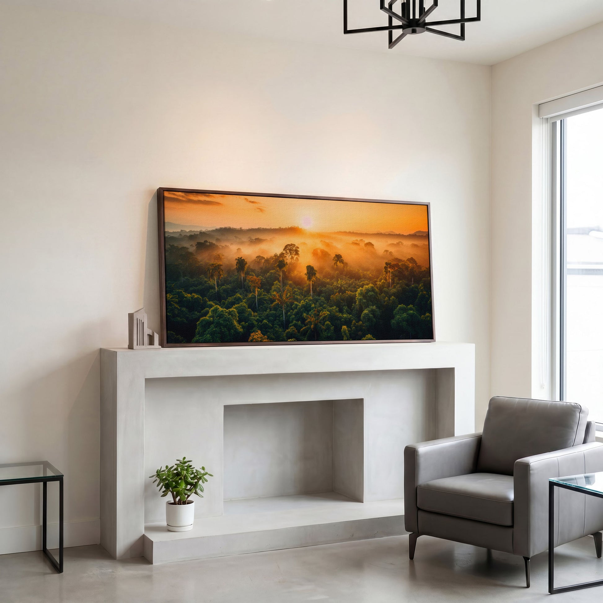 Tropical Rainforest Sunset Canvas Print in dark walnut floating frame