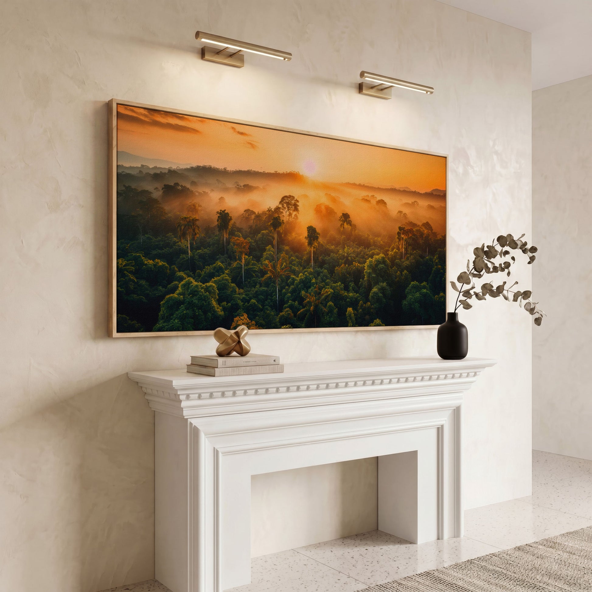 Tropical Rainforest Sunset Canvas Print in white oak floating frame