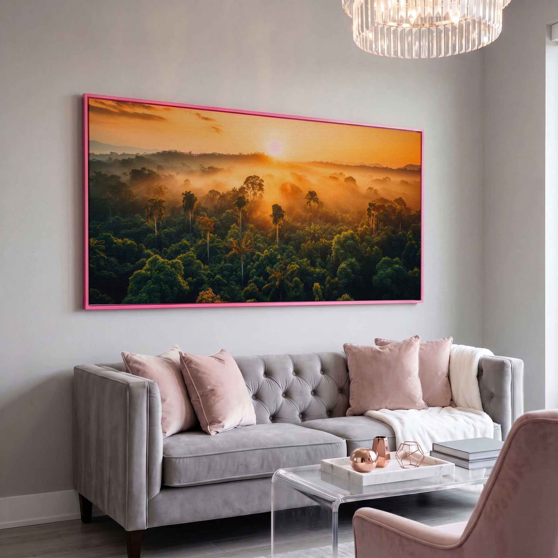Tropical Rainforest Sunset Canvas Print in pink floating frame