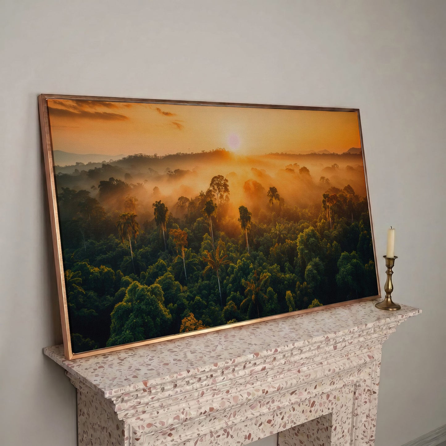 Tropical Rainforest Sunset Canvas Print in rose gold floating frame