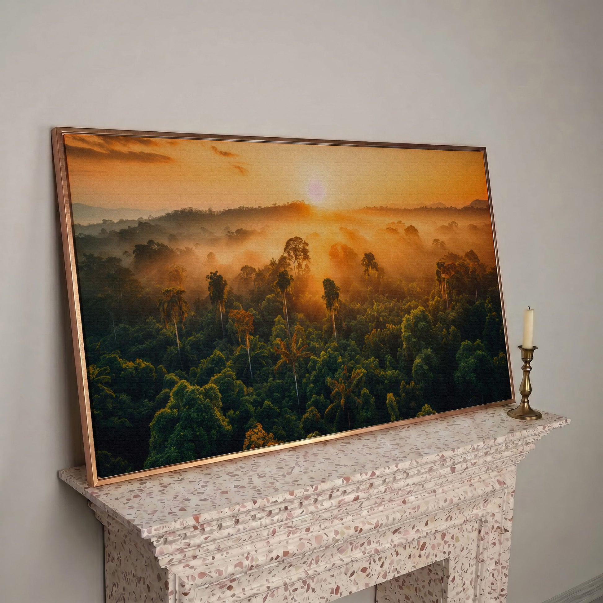 Tropical Rainforest Sunset Canvas Print in rose gold floating frame
