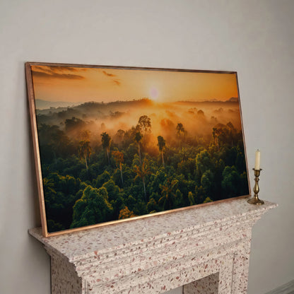 Tropical Rainforest Sunset Canvas Print in rose gold floating frame