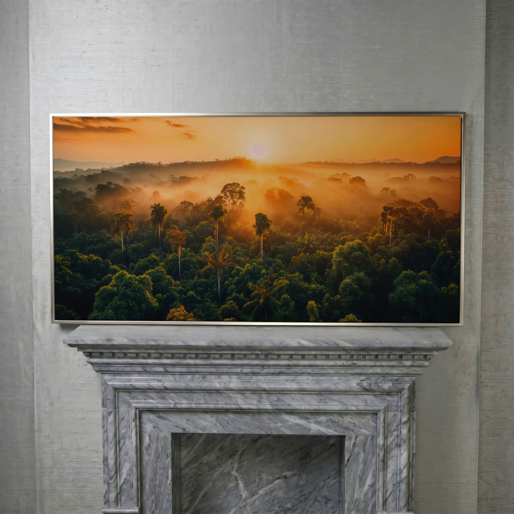 Tropical Rainforest Sunset Canvas Print in silver floating frame