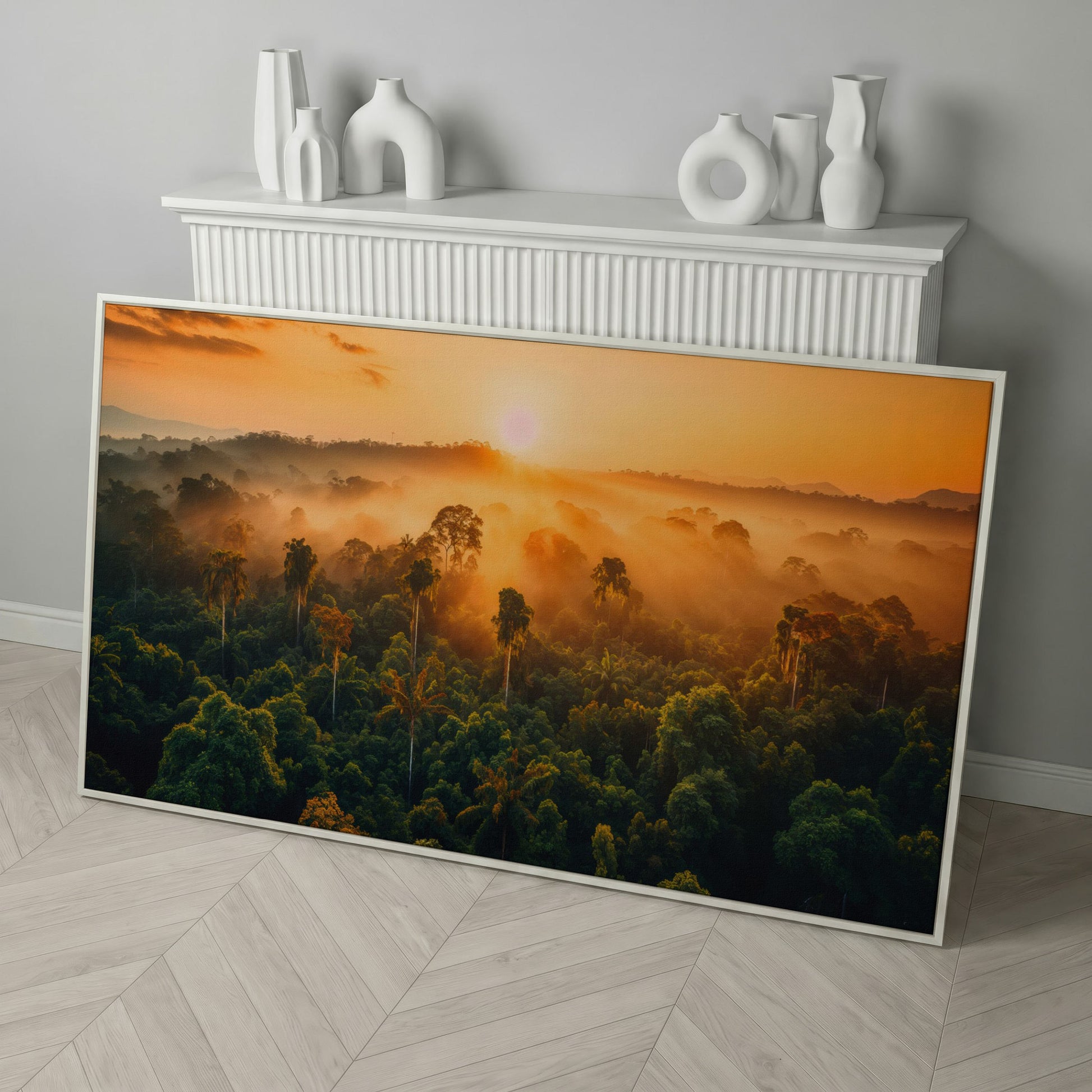 Tropical Rainforest Sunset Canvas Print in white floating frame