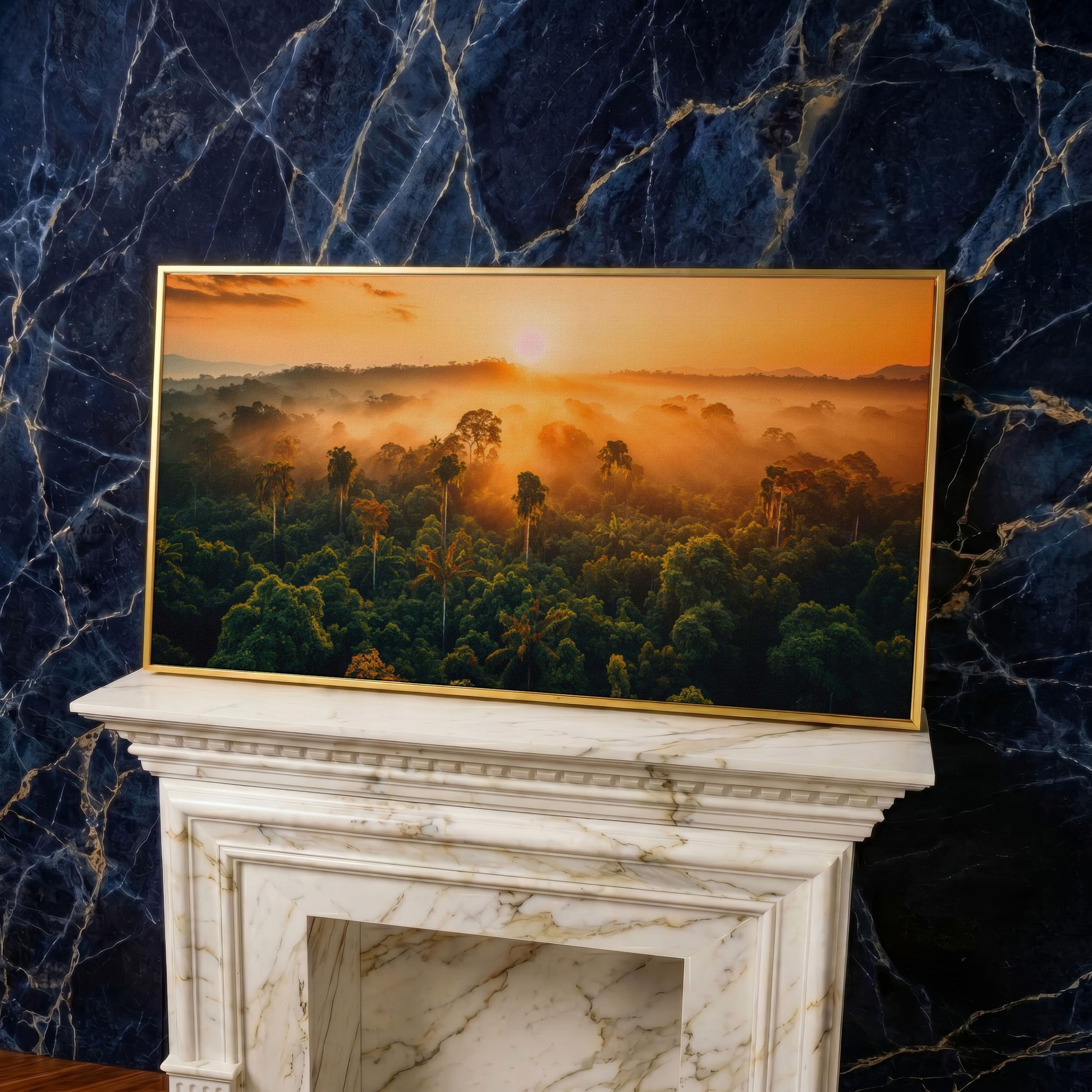 Tropical Rainforest Sunset Canvas Print in yellow gold floating frame