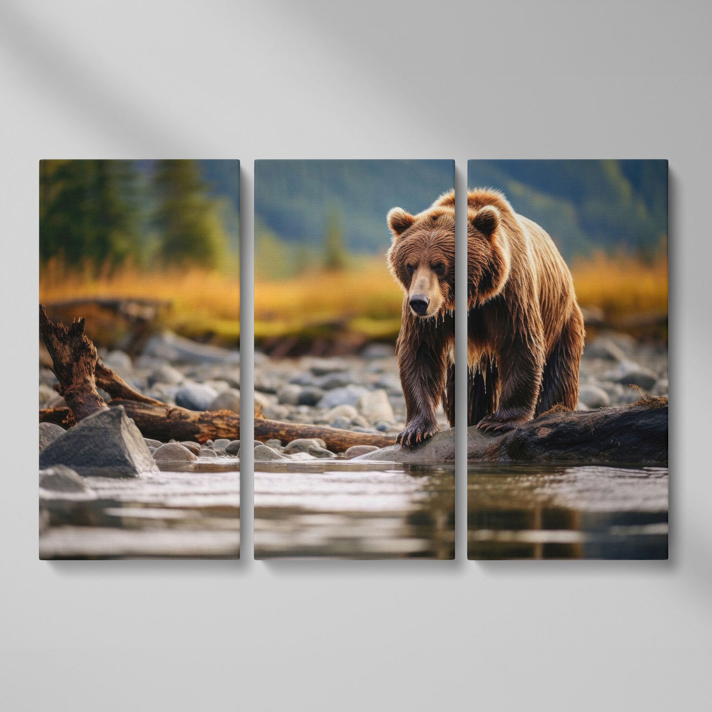 Brown Bear Hunting Fish Canvas Print as 3-panel split version
