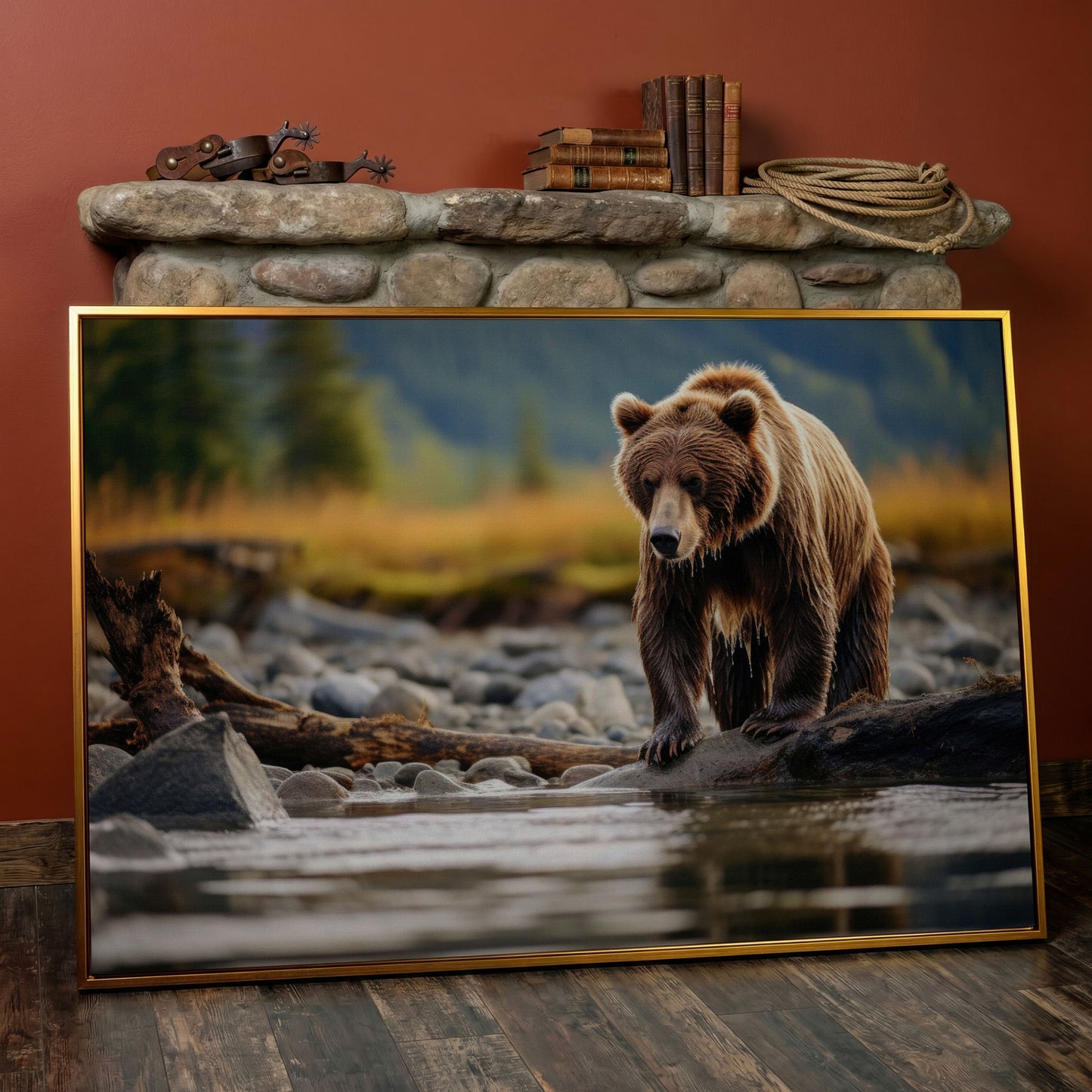 Brown Bear Hunting Fish Canvas Print in antique gold floating frame
