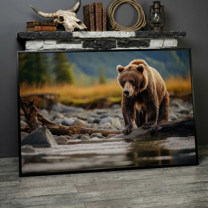 Brown Bear Hunting Fish Canvas Print in black floating frame