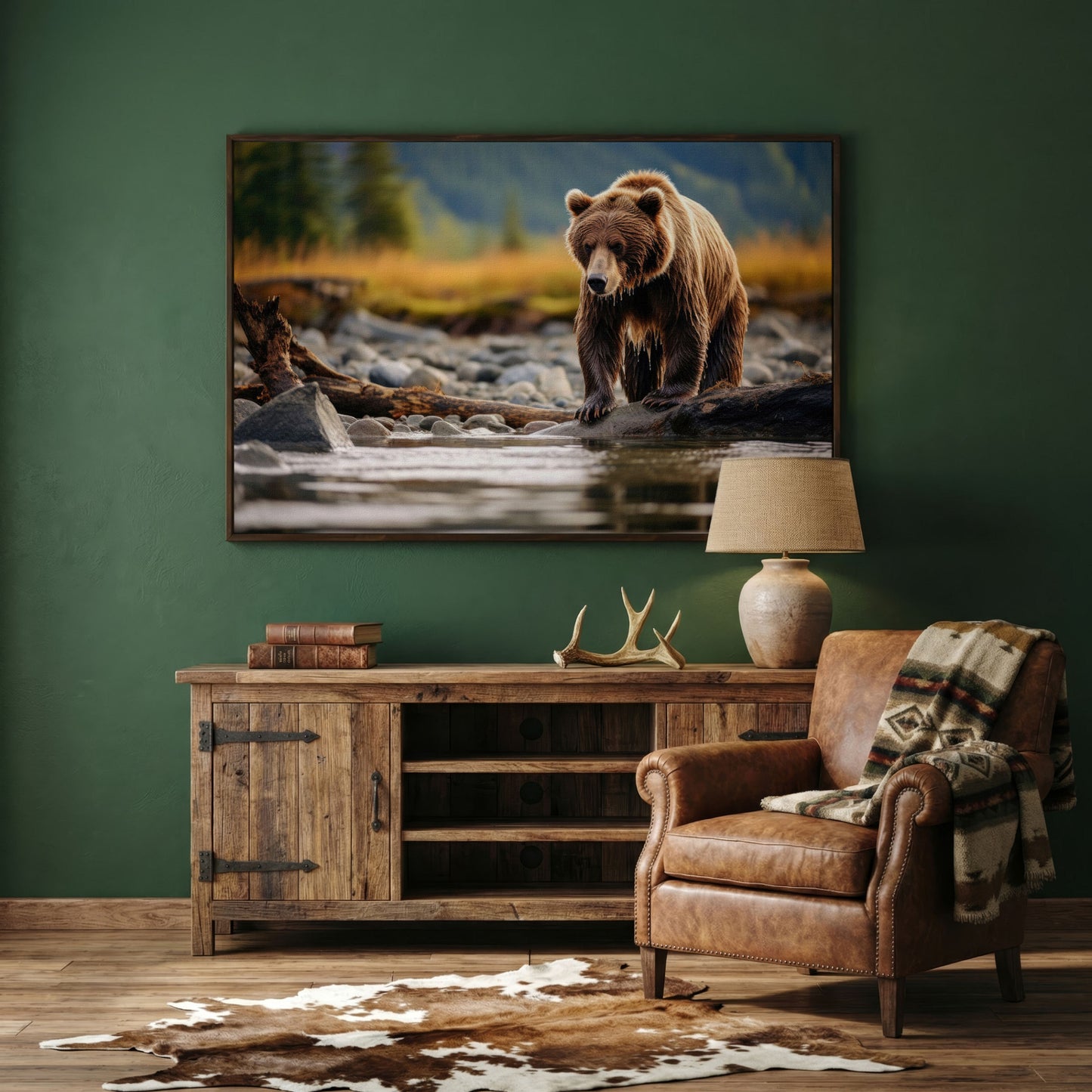 Brown Bear Hunting Fish Canvas Print in dark walnut floating frame