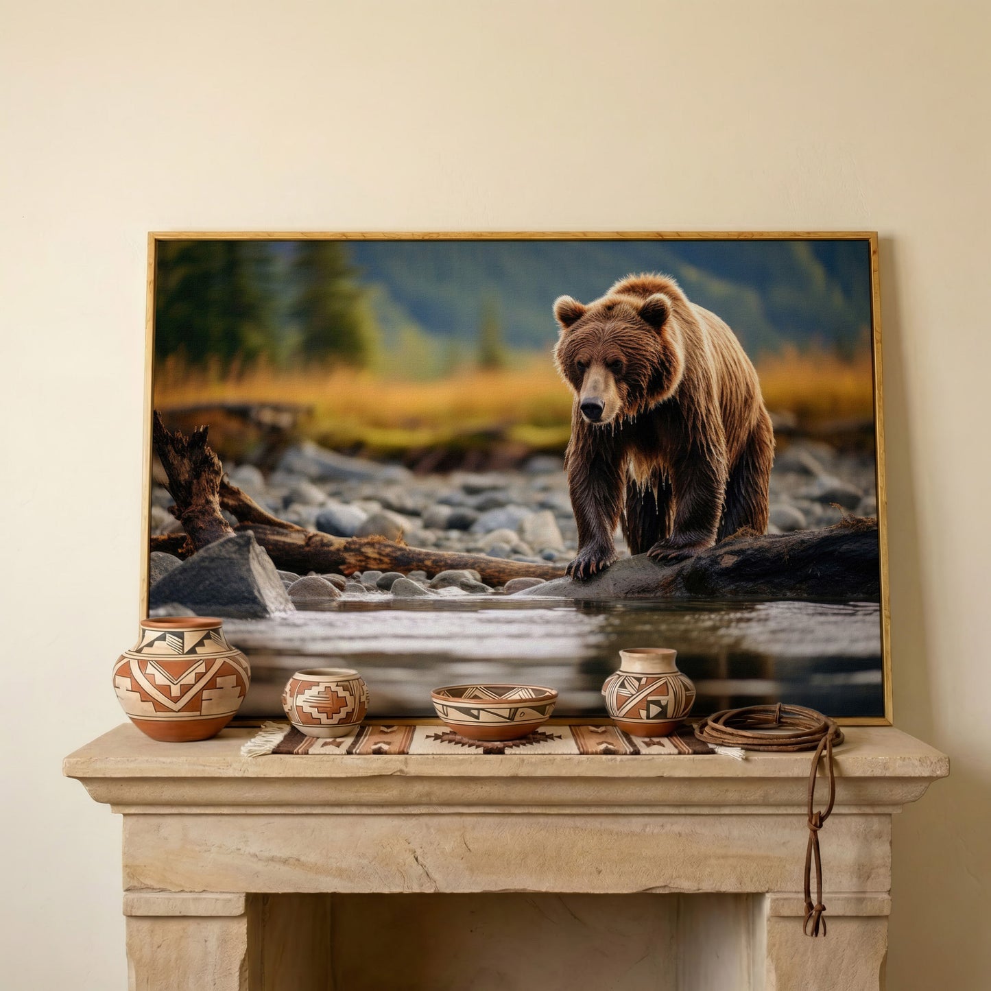 Brown Bear Hunting Fish Canvas Print in white oak floating frame