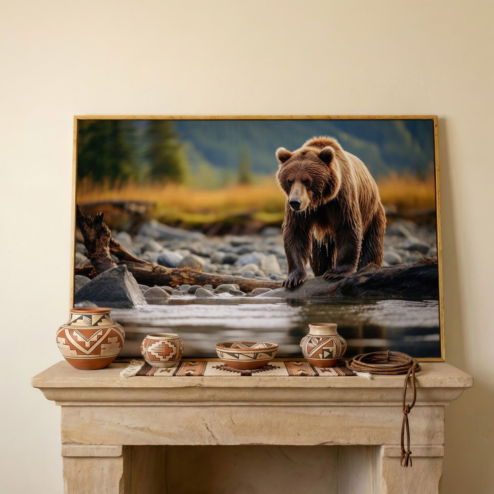 Brown Bear Hunting Fish Canvas Print in white oak floating frame