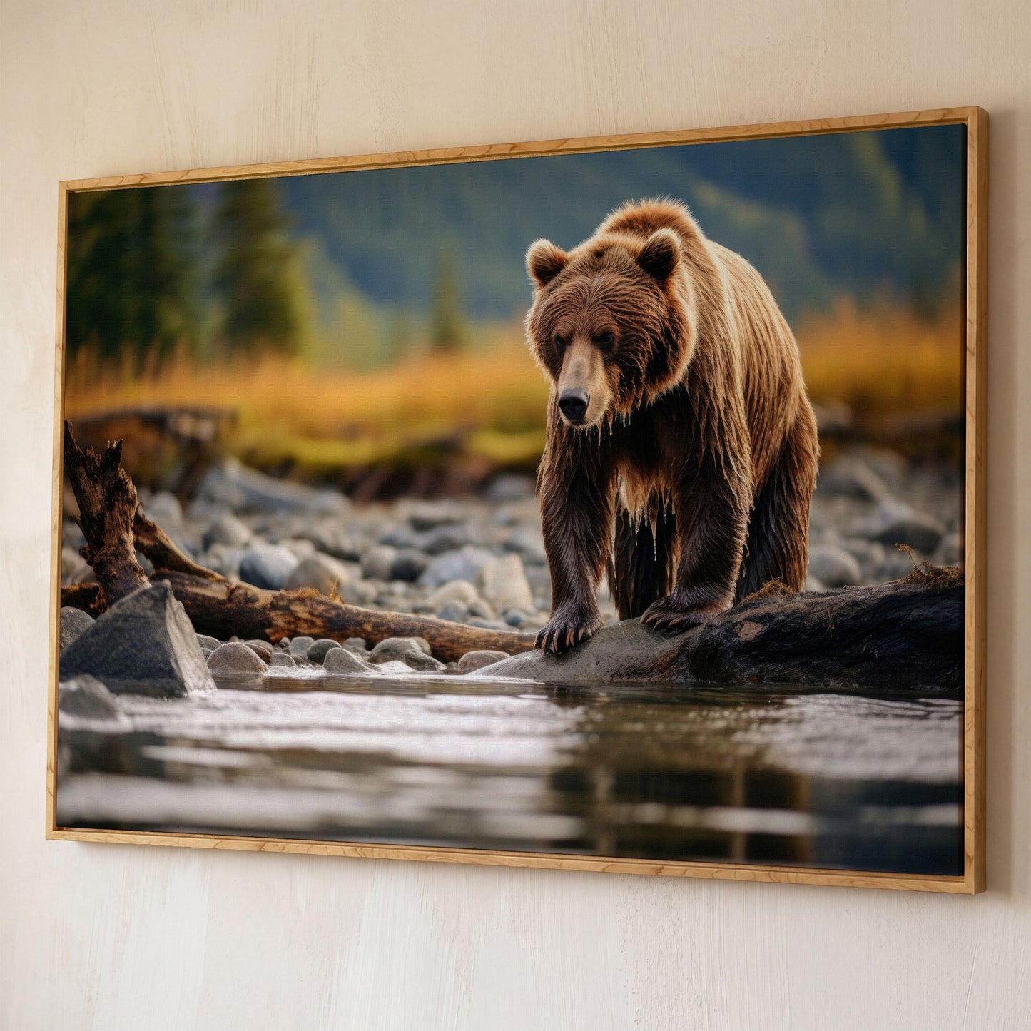 Brown Bear Hunting Fish Canvas Print shown in white oak floating frame