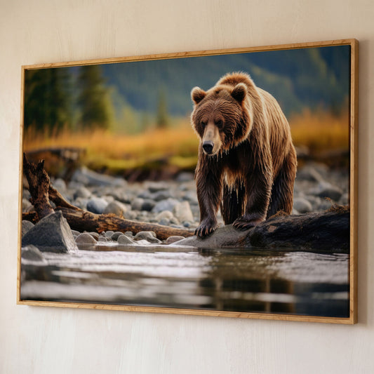 Brown Bear Hunting Fish Canvas Print shown in white oak floating frame