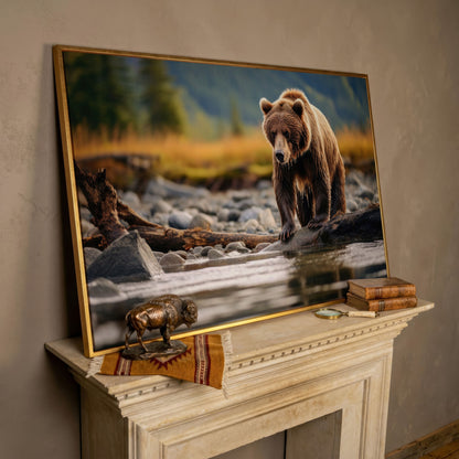 Brown Bear Hunting Fish Canvas Print in rose gold floating frame