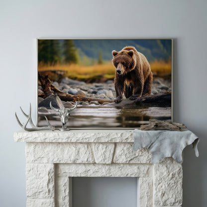 Brown Bear Hunting Fish Canvas Print in silver floating frame