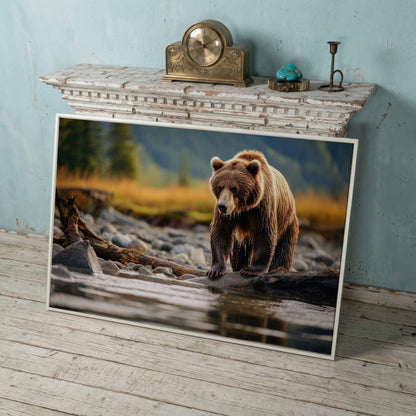 Brown Bear Hunting Fish Canvas Print in white floating frame
