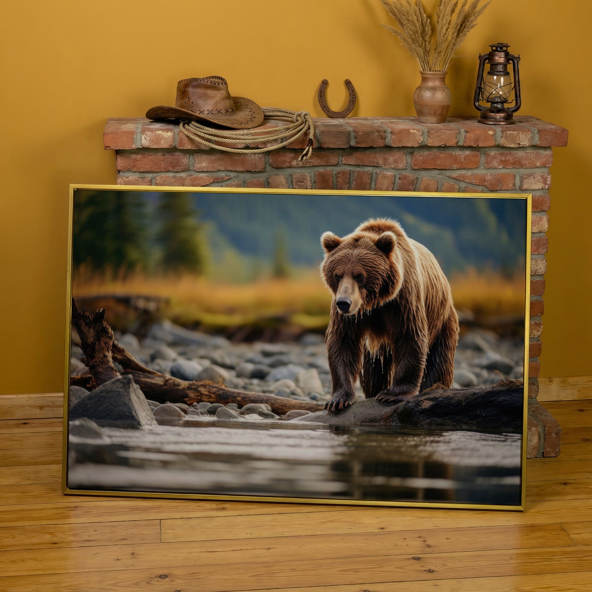 Brown Bear Hunting Fish Canvas Print in yellow gold floating frame