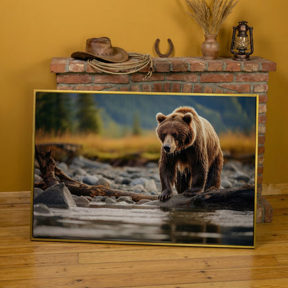 Brown Bear Hunting Fish Canvas Print in yellow gold floating frame