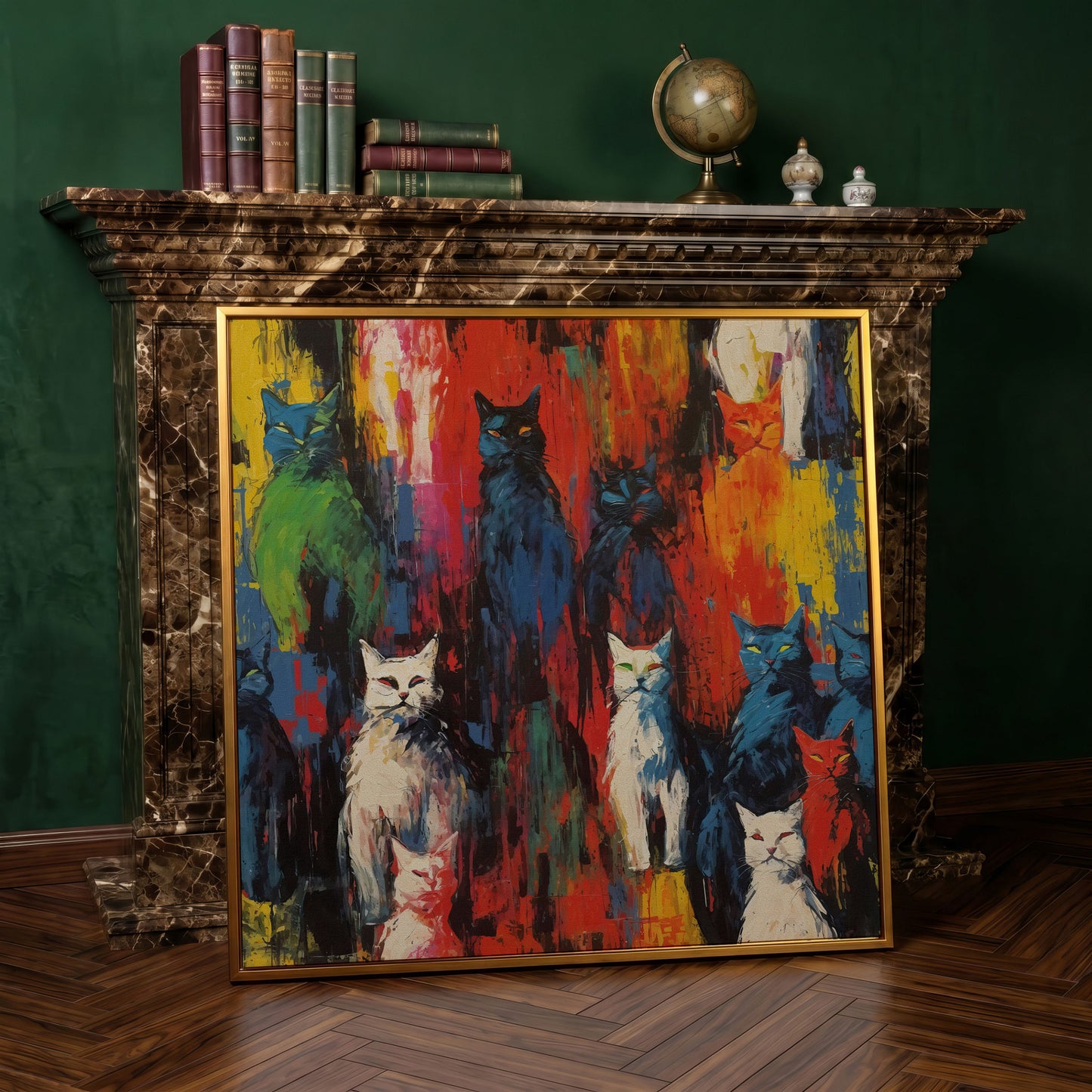 Colorful Abstract Cat Canvas with Graffiti Flair in antique gold floating frame
