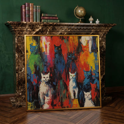 Colorful Abstract Cat Canvas with Graffiti Flair in antique gold floating frame