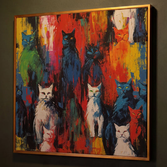 Colorful Abstract Cat Canvas with Graffiti Flair shown in antique gold floating frame
