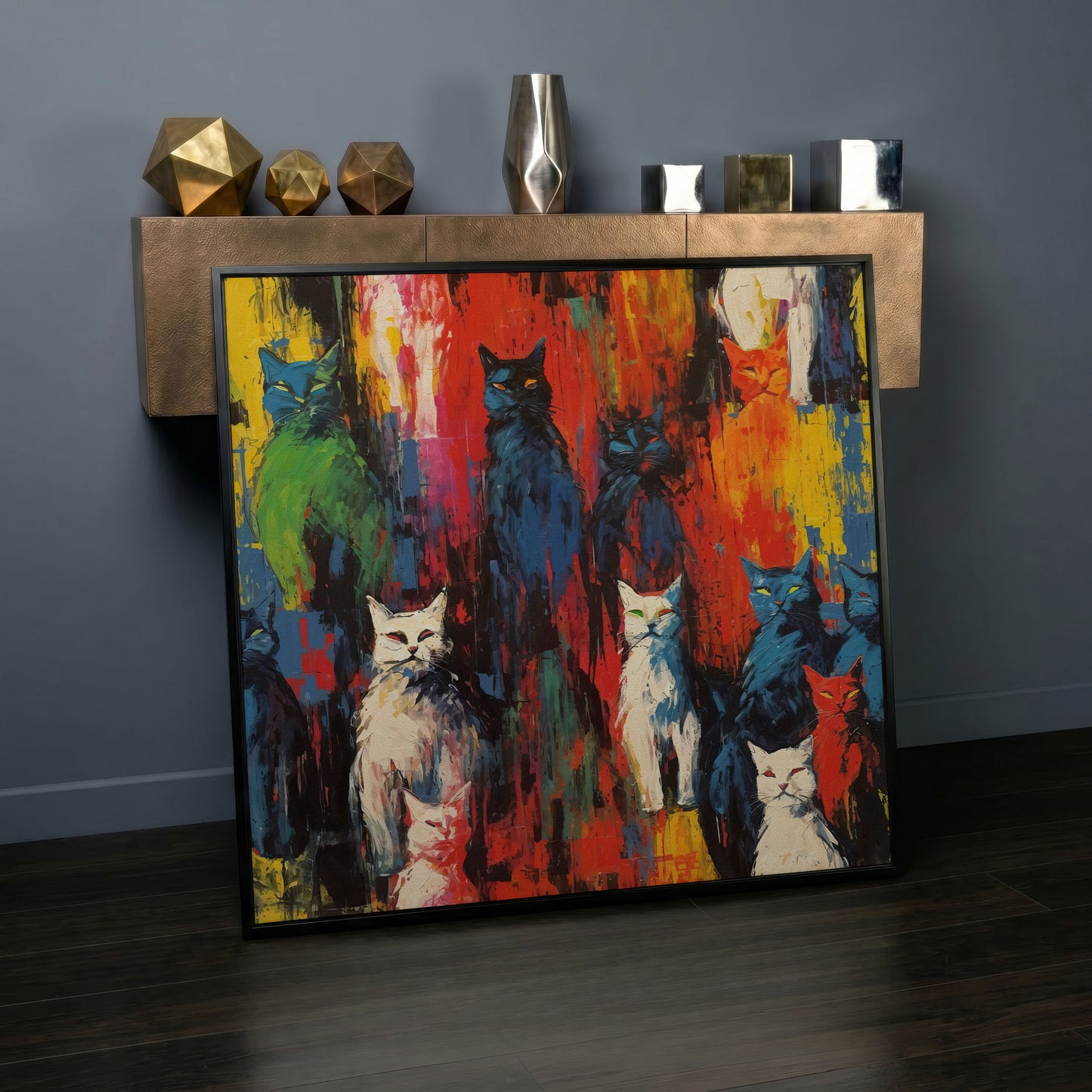 Colorful Abstract Cat Canvas with Graffiti Flair in black floating frame