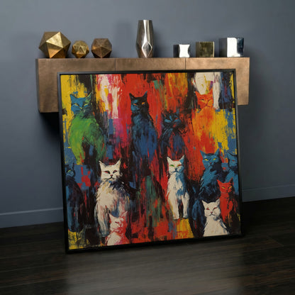 Colorful Abstract Cat Canvas with Graffiti Flair in black floating frame