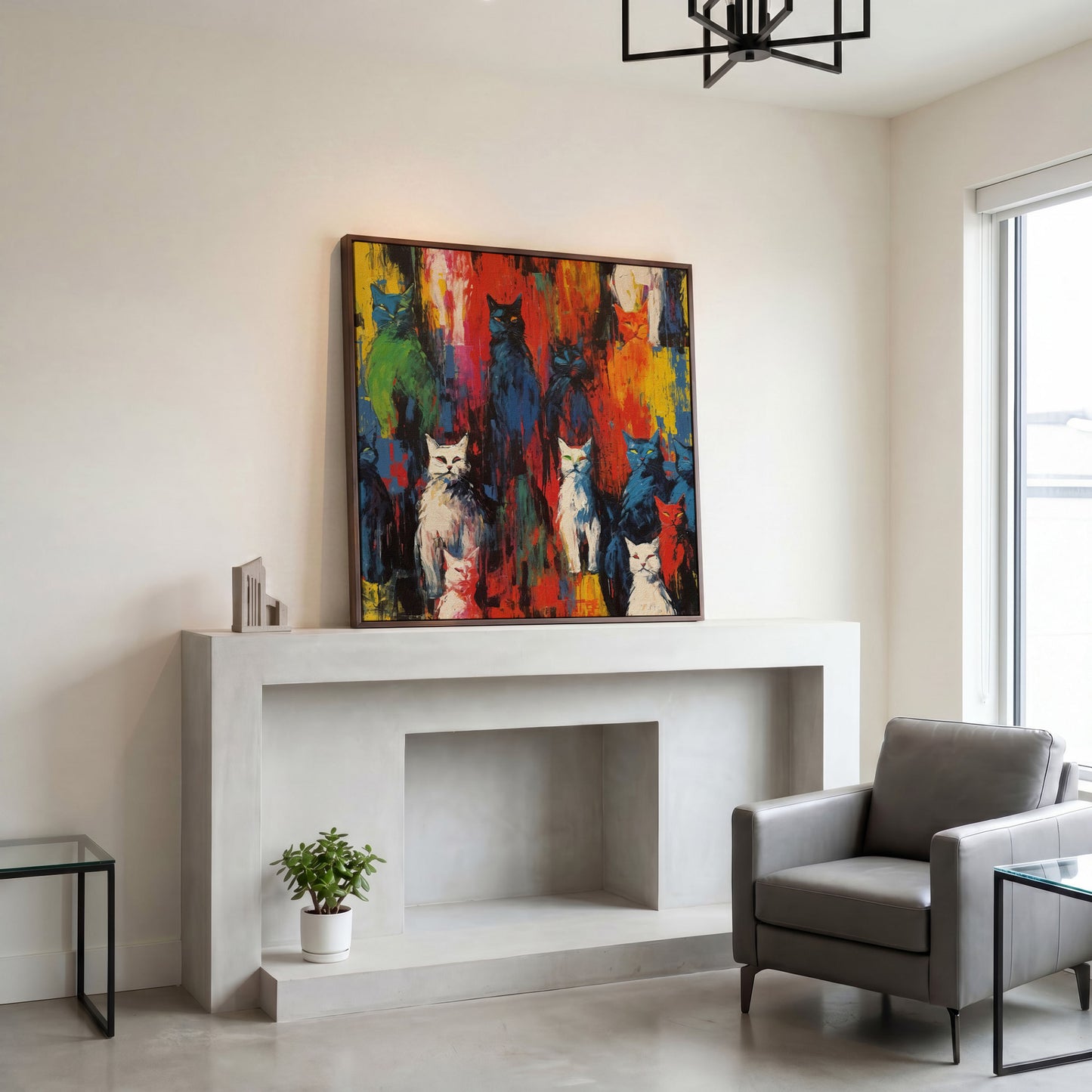 Colorful Abstract Cat Canvas with Graffiti Flair in dark walnut floating frame