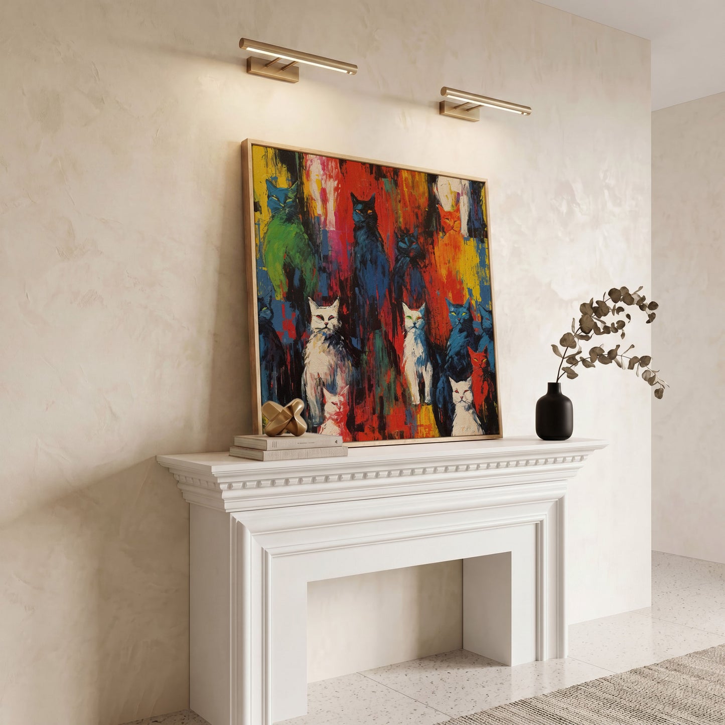 Colorful Abstract Cat Canvas with Graffiti Flair in white oak floating frame