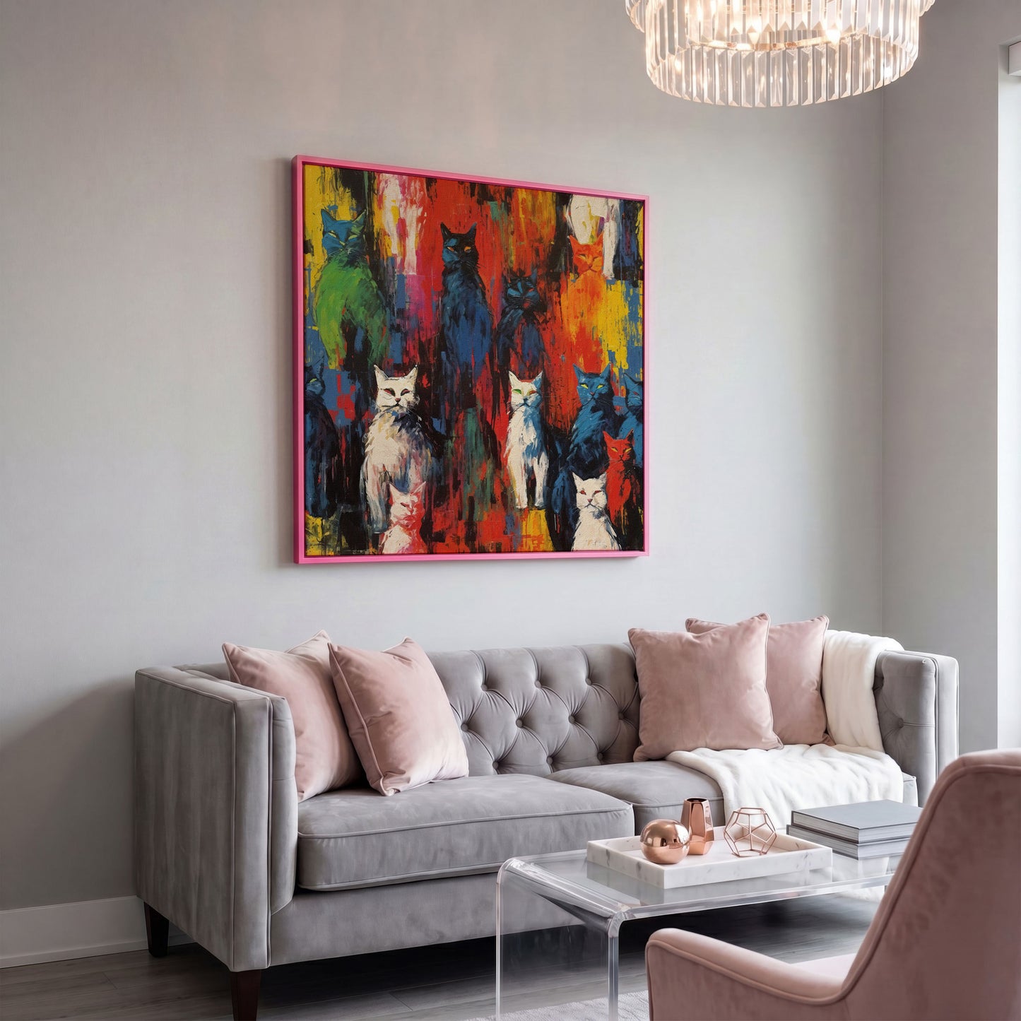 Colorful Abstract Cat Canvas with Graffiti Flair in pink floating frame