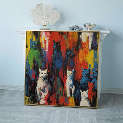 Colorful Abstract Cat Canvas with Graffiti Flair in rose gold floating frame
