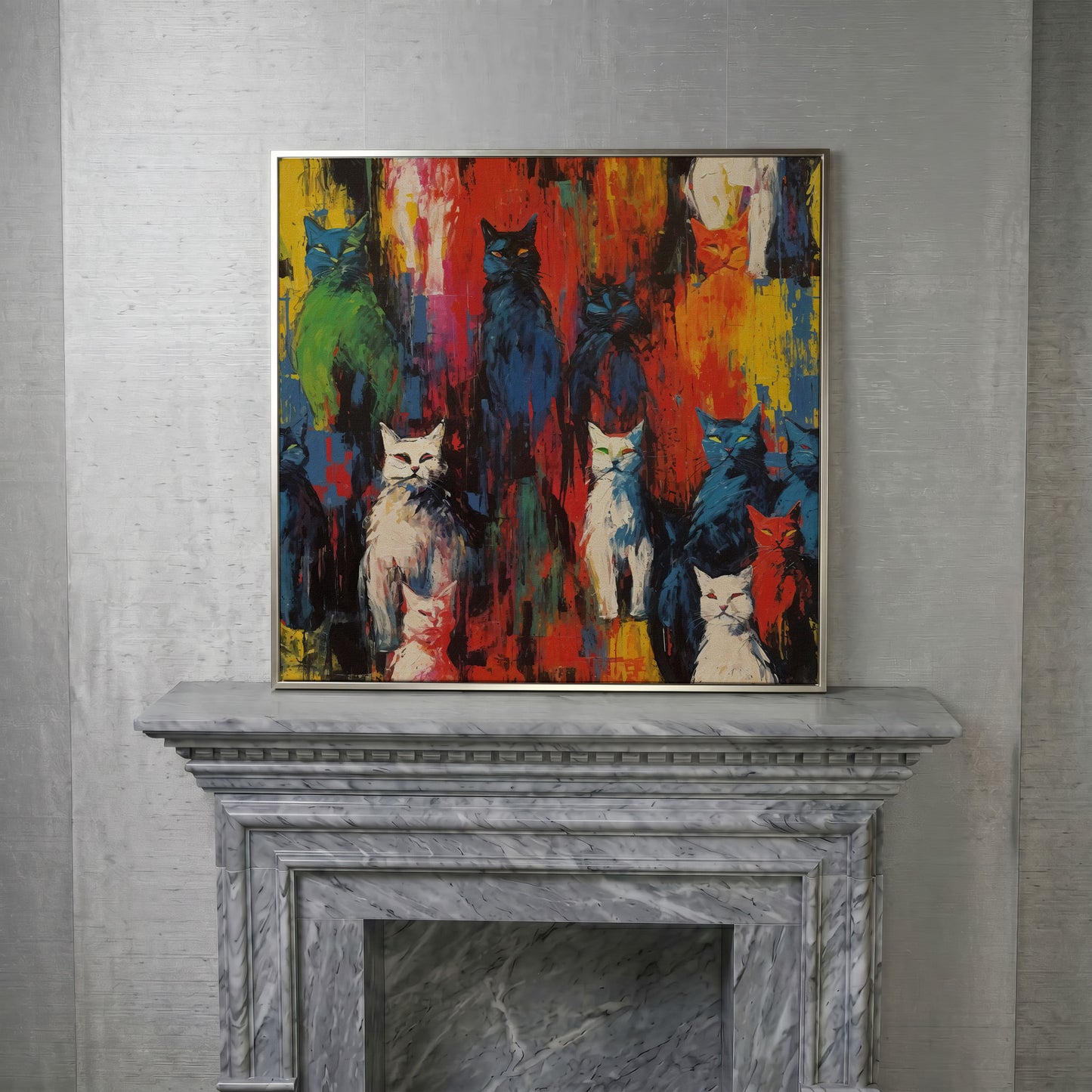 Colorful Abstract Cat Canvas with Graffiti Flair in silver floating frame