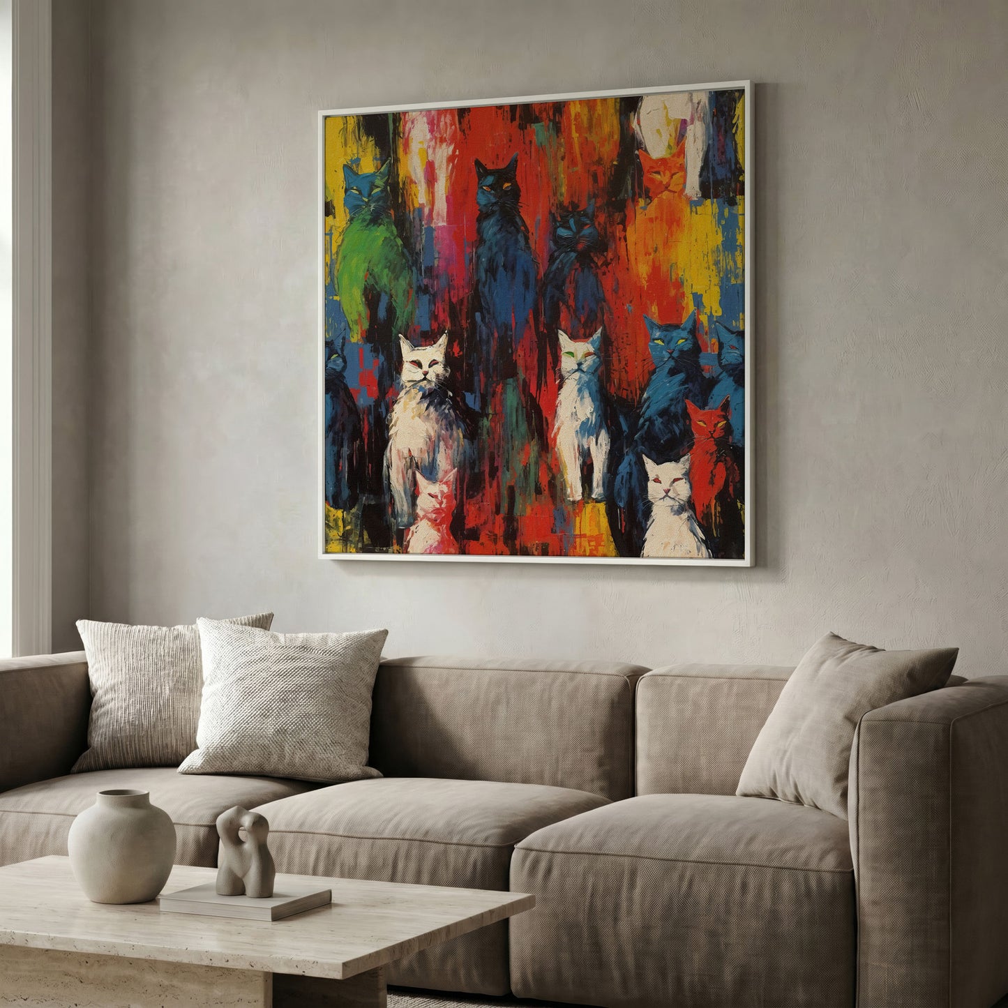 Colorful Abstract Cat Canvas with Graffiti Flair in white floating frame