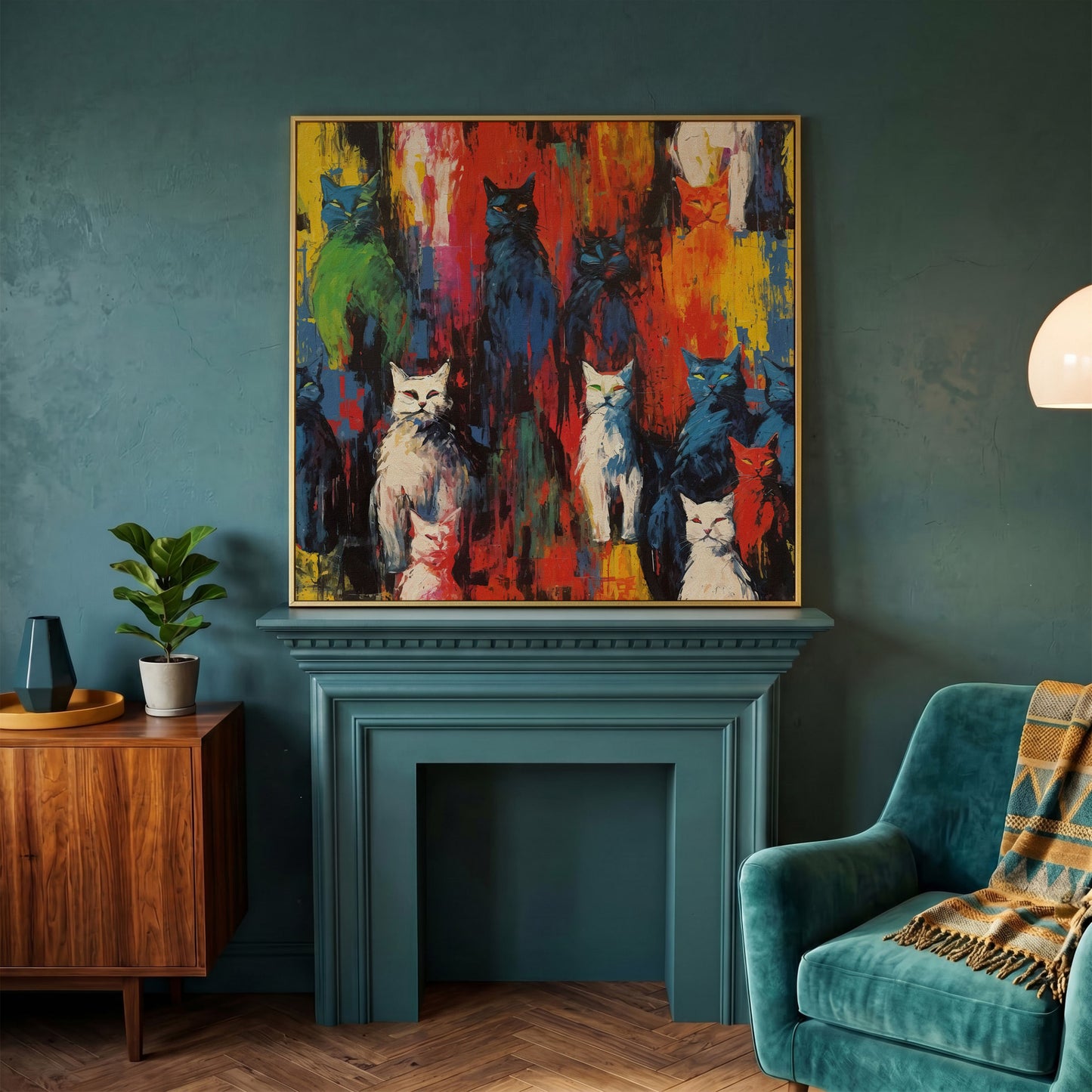 Colorful Abstract Cat Canvas with Graffiti Flair in yellow gold floating frame