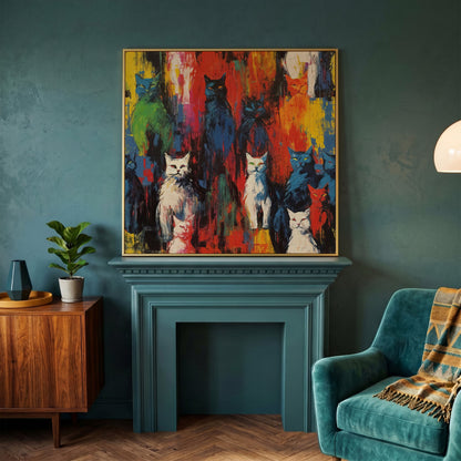 Colorful Abstract Cat Canvas with Graffiti Flair in yellow gold floating frame