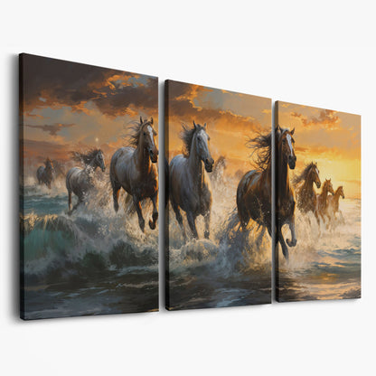 Horses Running on Beach Canvas as 3-panel split version