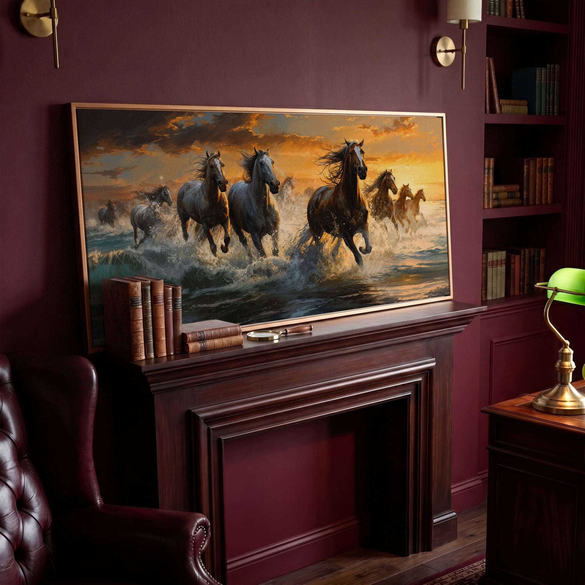 Horses Running on Beach Canvas in antique gold floating frame