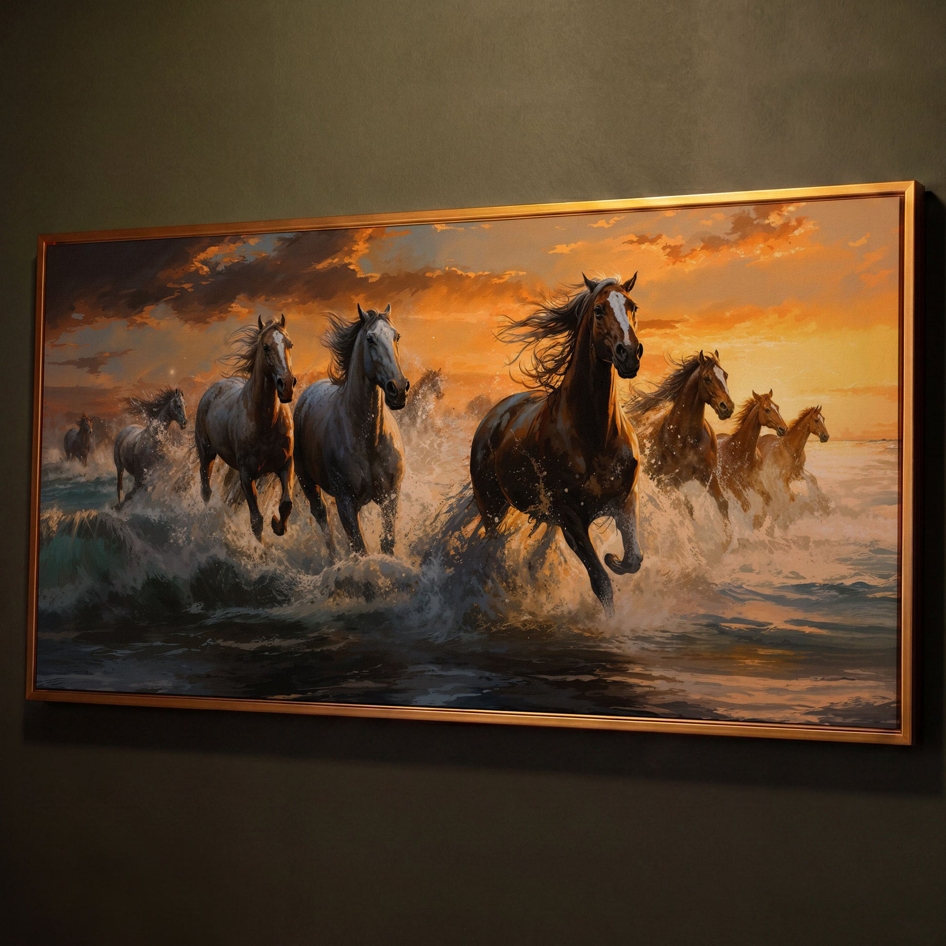Horses Running on Beach Canvas shown in antique gold floating frame