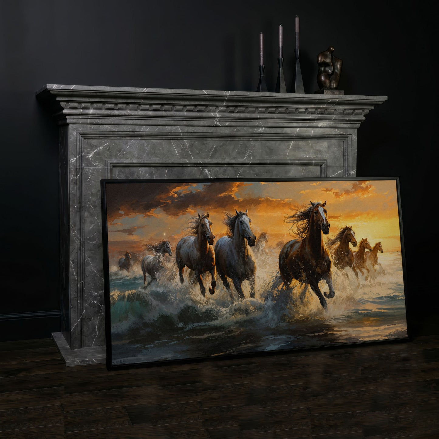 Horses Running on Beach Canvas in black floating frame