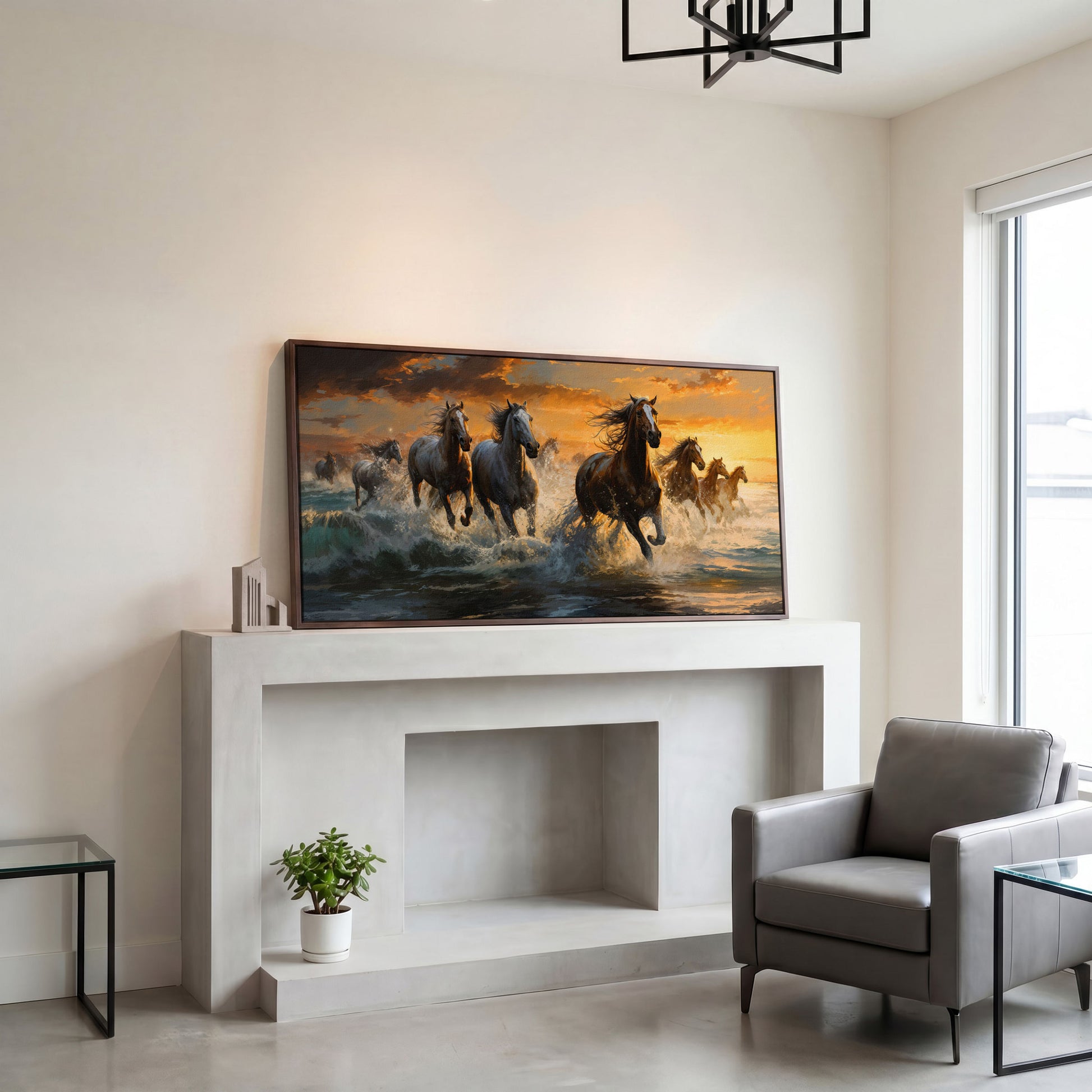 Horses Running on Beach Canvas in dark walnut floating frame